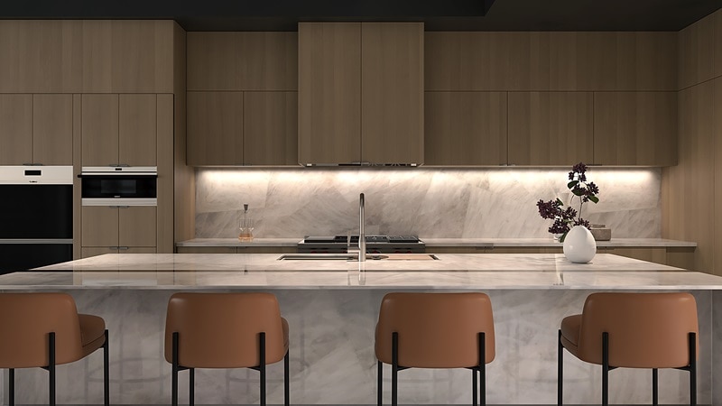 marble counter with counter-height brown stools inside a minimalist kitchen