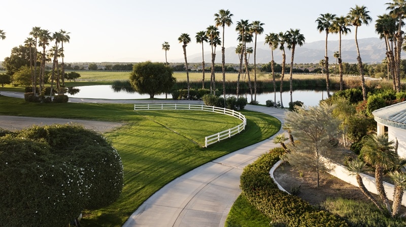 view of the man-made lake surrounded by palm trees, with the equestrian facility right next to it