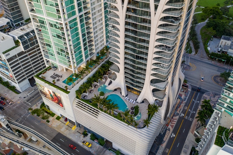 One Thousand Museum building's base and outdoor pool, seen from above