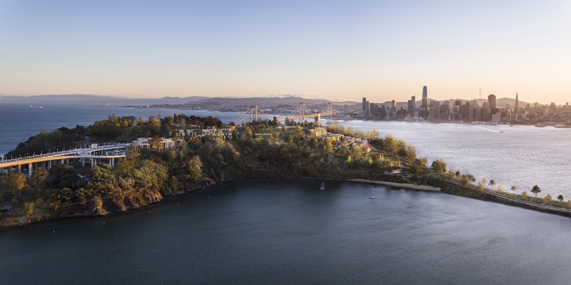 Yerba Buena Island photo with rendered aspects, surrounded by water and showing the San Francisco skyline in the distance