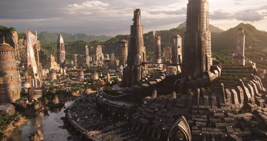 a futuristic, CGI-generated city imagined for the movie Black Panther.