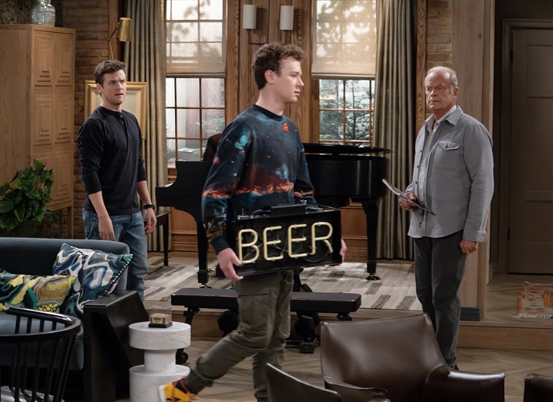 L-R: Jack Cutmore-Scott as Freddy Crane, Anders Keith as David and Kelsey Grammer as Frasier Crane In Frasier, episode 2, season 1 streaming on Paramount+, 2023.