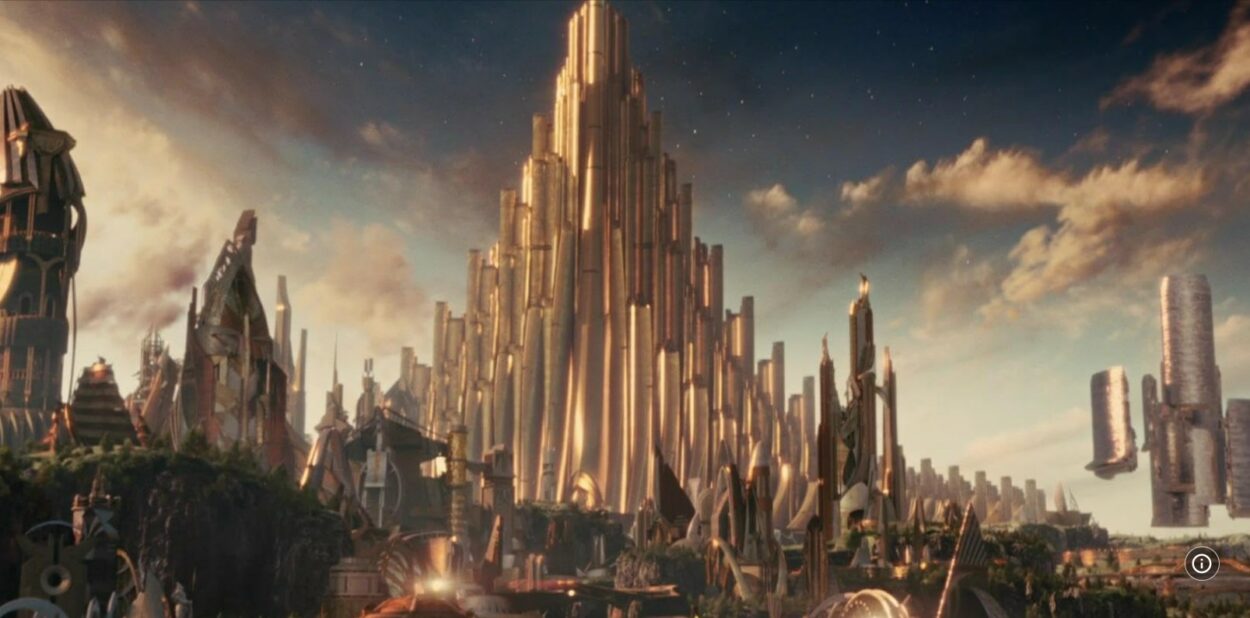 Still image from the first Thor movie showing the CGI Asgardian Palace made out of gold