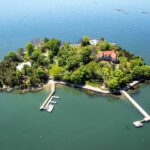 Aerial view of Rogers Island, off the coast of Branford, Connecticut, with the house and two docks in view