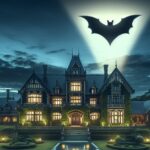 A visual representing Wayne Manor with the bat signal lit over it, showing a black bat shape.