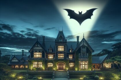 A visual representing Wayne Manor with the bat signal lit over it, showing a black bat shape.