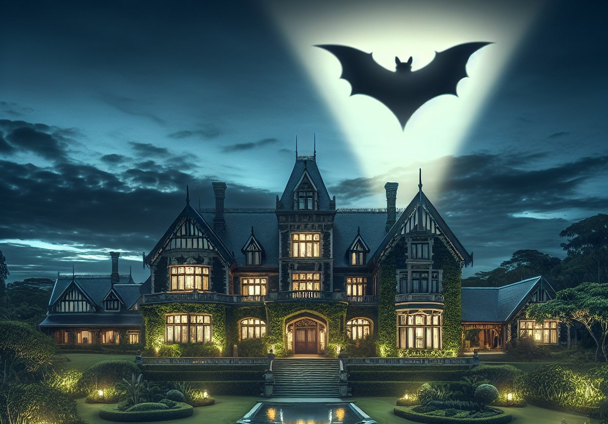 A visual representing Wayne Manor with the bat signal lit over it, showing a black bat shape.