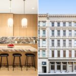 facade and kitchen inside a condo at 85 Worth in Tribeca, Manhattan