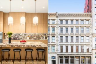 facade and kitchen inside a condo at 85 Worth in Tribeca, Manhattan