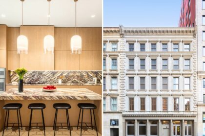 facade and kitchen inside a condo at 85 Worth in Tribeca, Manhattan