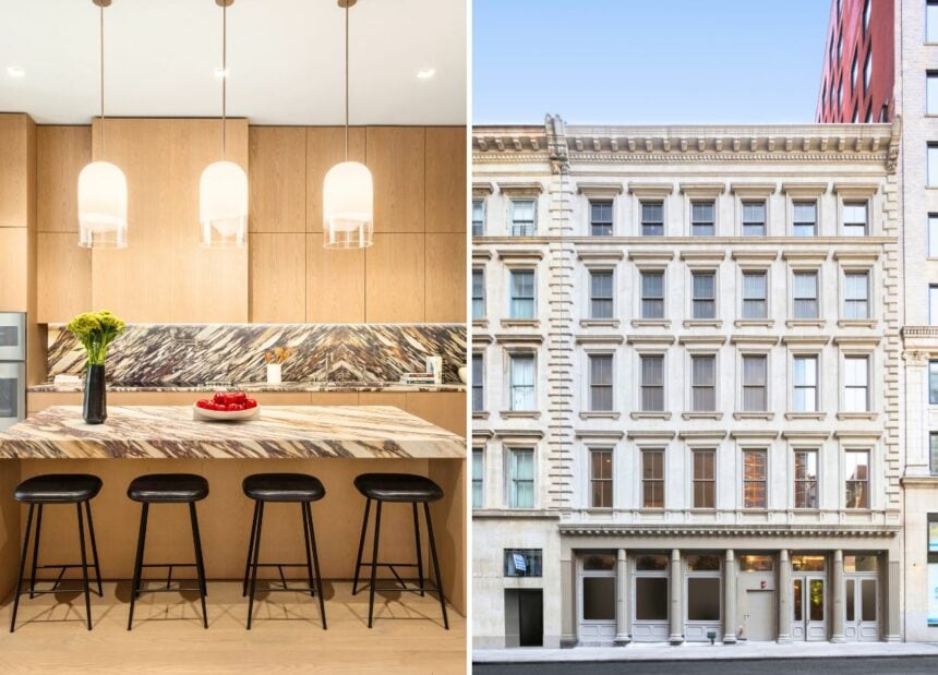 facade and kitchen inside a condo at 85 Worth in Tribeca, Manhattan