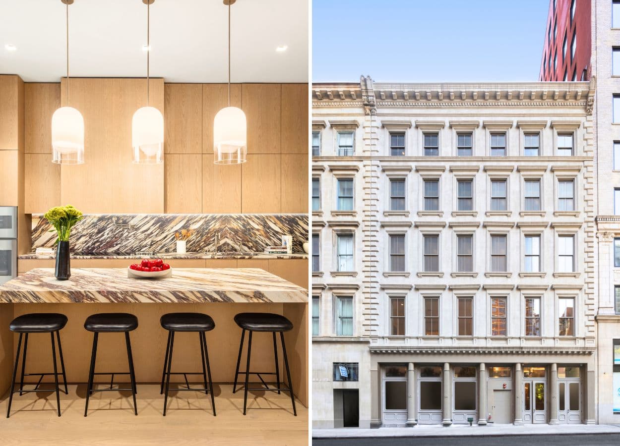 facade and kitchen inside a condo at 85 Worth in Tribeca, Manhattan
