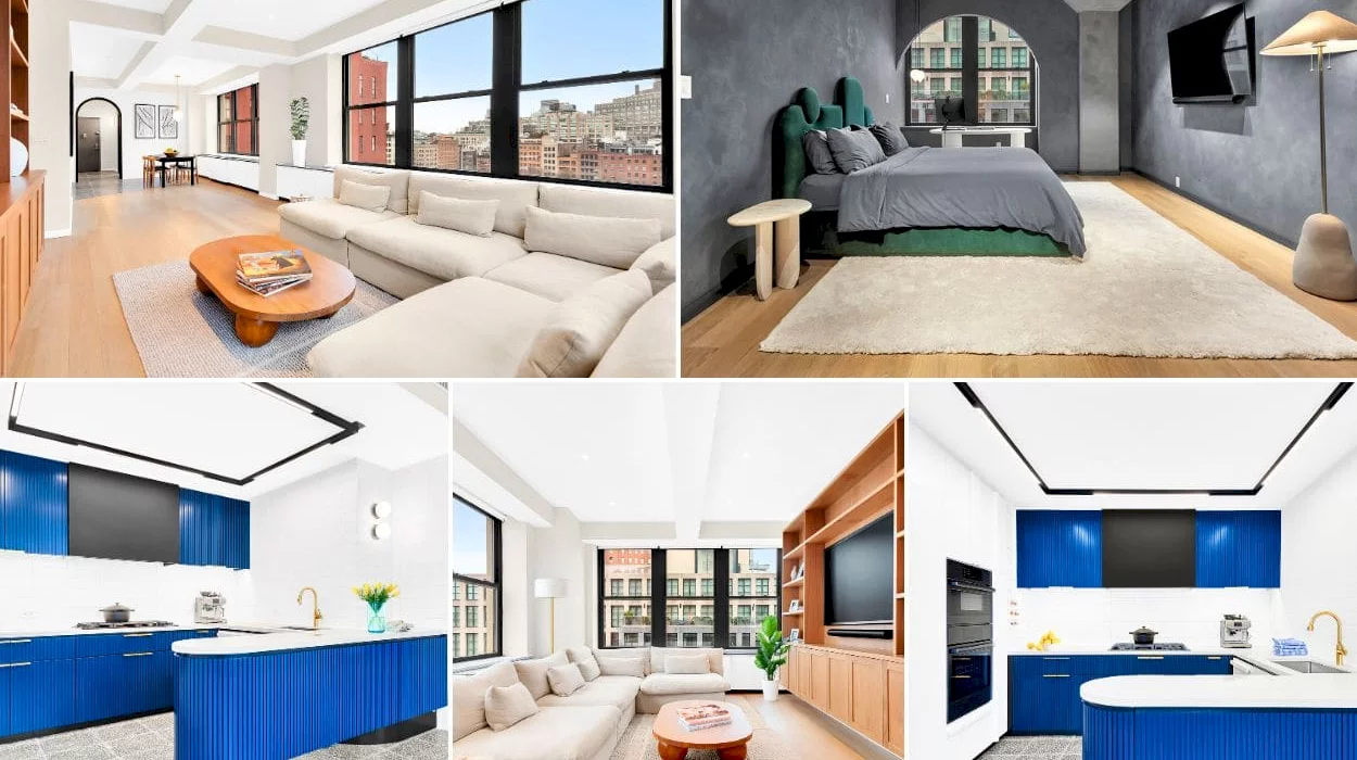 Sleek Tribeca apartment in Atalanta Condominium comes with a vibrant blue kitchen